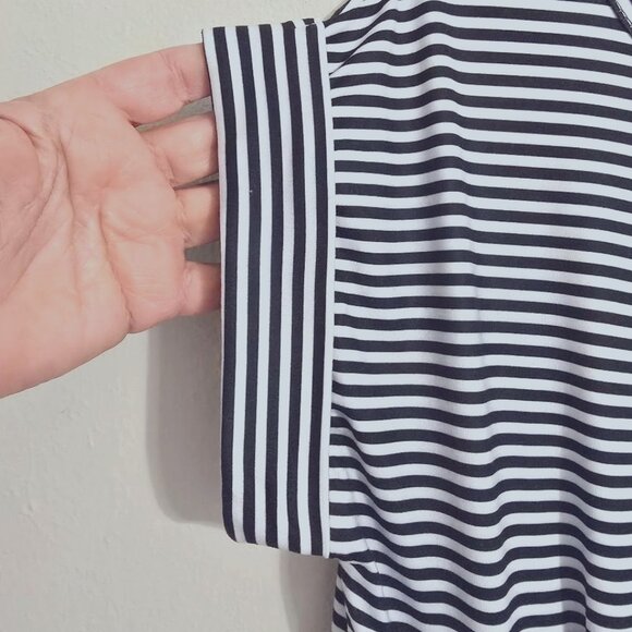 Miselon B/W Striped Mini Dress w/ Belt and Side Pockets Boat-Neck Size S Stretch - Picture 3 of 6